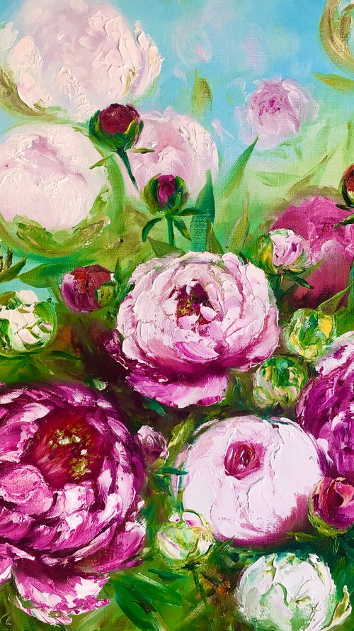 PEONY TREASURE - Peonies. Pink flowers. Floral decor. White peonies. A blooming garden.  Magnificent. Petals. Fuchsia. Softness. by Marina Skromova