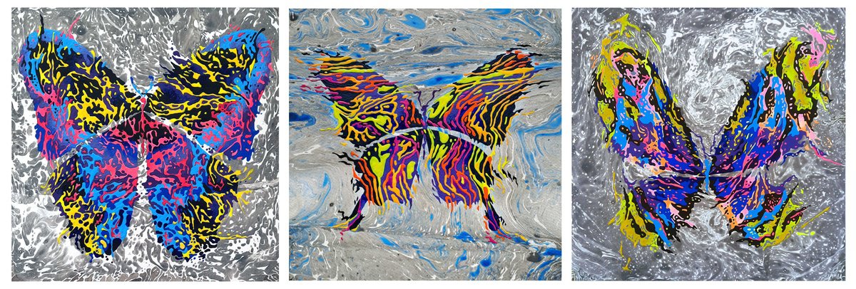 Abstract Animal Acrylic Painting By Mariia Raskin, 30 X 10", Set Of 3 «Grey Simphony», Original Artwork