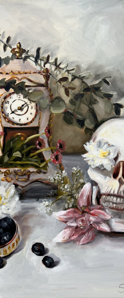 Vanitas with the Clock, Skull and Flowers by Victoria Sukhasyan