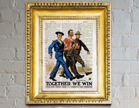 Together We Win - Collage Art Print on Large Real English Dictionary Vintage Book Page