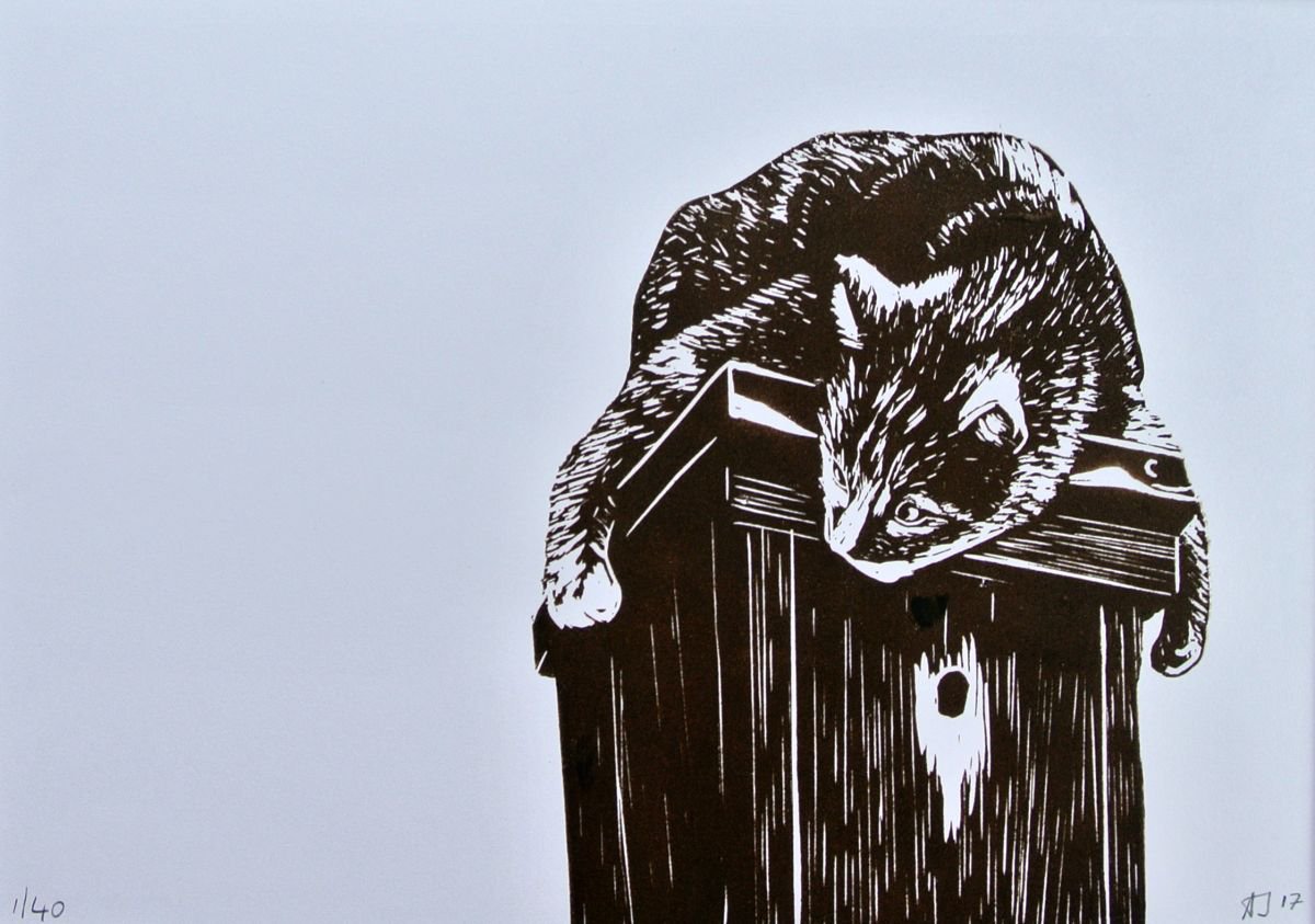 Cat Crouched on a Birds House, Print on Paper, Mounted by Alex Jabore Paintings and Prints