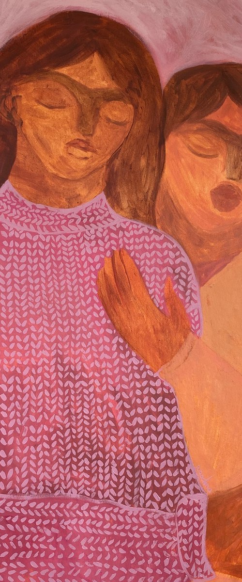 Knitted pink sweater by Dasha Pogodina