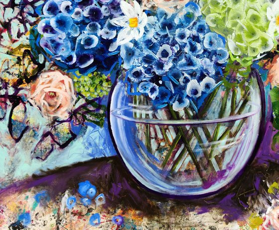 Blue Hydrangea and Roses