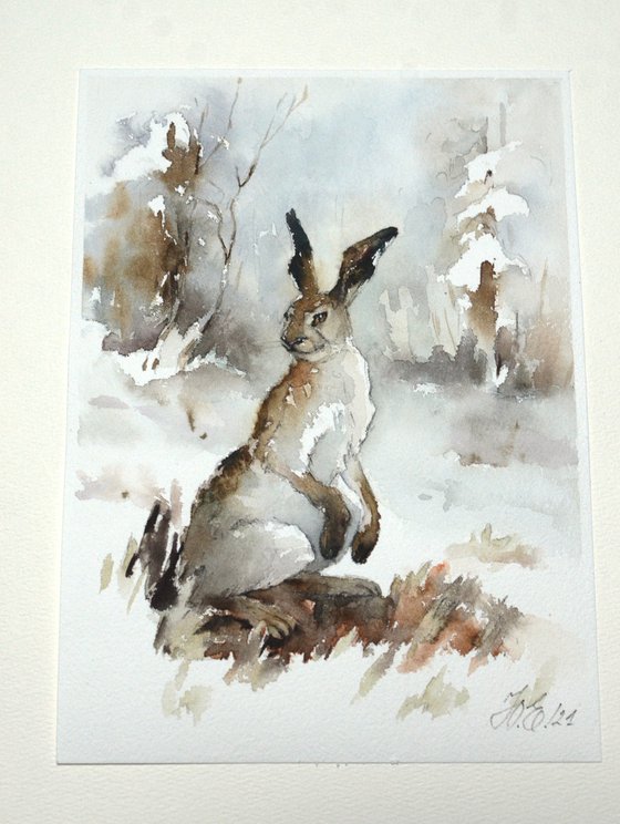 Hare in winter the forest, Watercolor animal