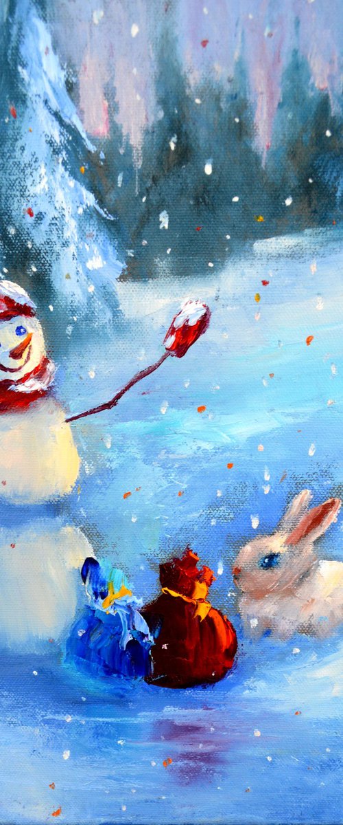 The snowman and the rabbit are handing out gifts to everyone by Elena Lukina