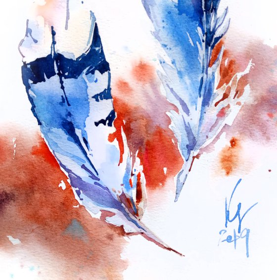 Watercolor sketch "Two blue bird feathers" v.2 original illustration