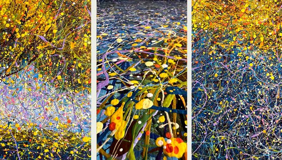 Yellow tree abstraction Modern blue yellow painting Sun Autumn art