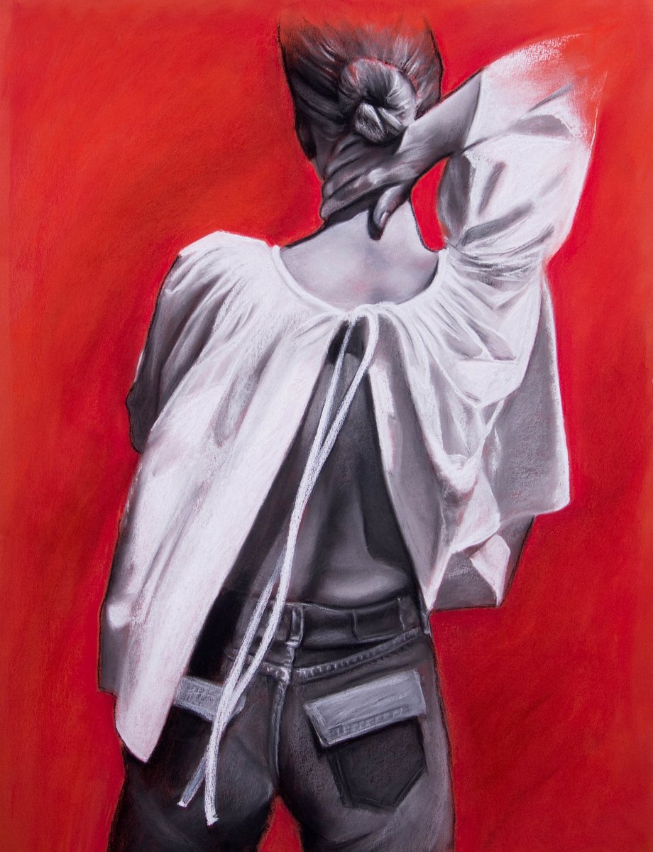 Photorealistic Portrait Pastel Drawing By Inna Medvedeva, 20 X 26, Girl In A White Shirt, Original Artwork