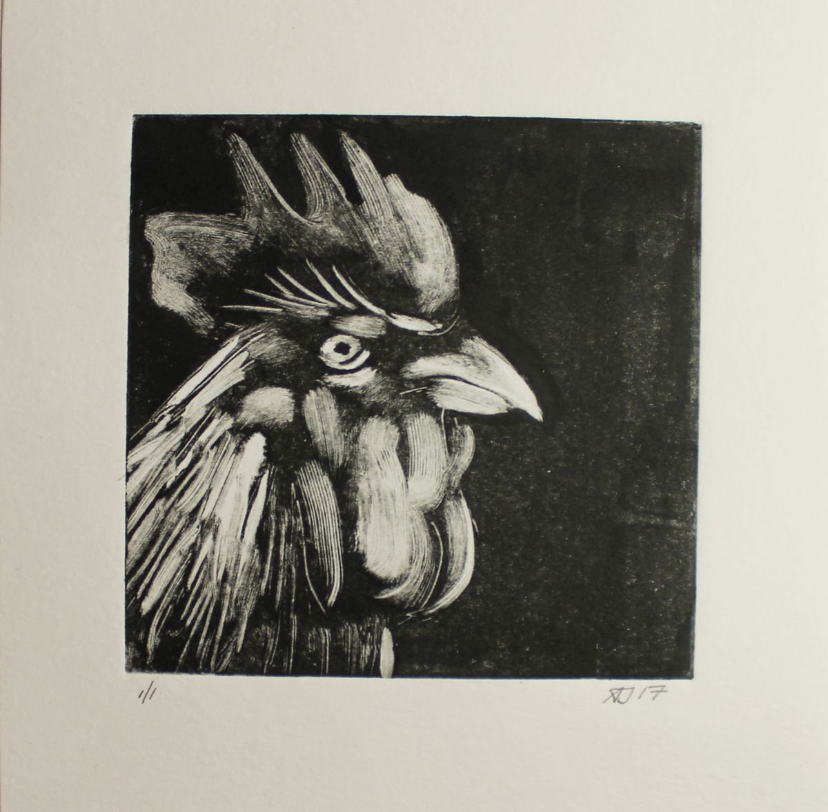 Cockerel Monoprint, Birds Monotype Print by Alex Jabore
