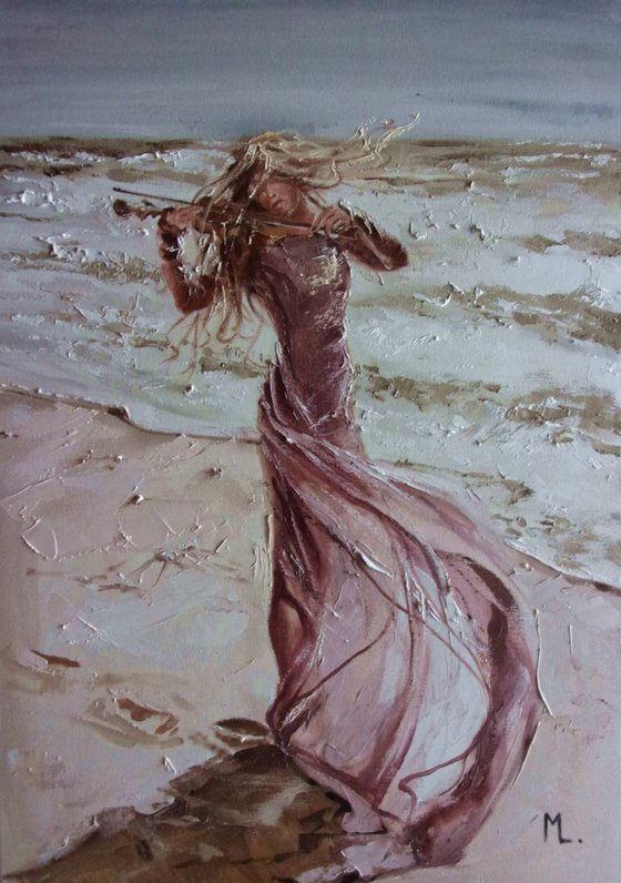 " MELODY OF THE WIND ... "- SKY SEA SAND liGHt  ORIGINAL OIL PAINTING, GIFT, PALETTE KNIFE