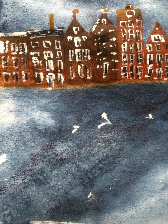 Amsterdam Painting Cityscape Original Art Nautical Artwork Sea Watercolor Sky Small Home Wall Art 8 by 12" by Halyna Kirichenko