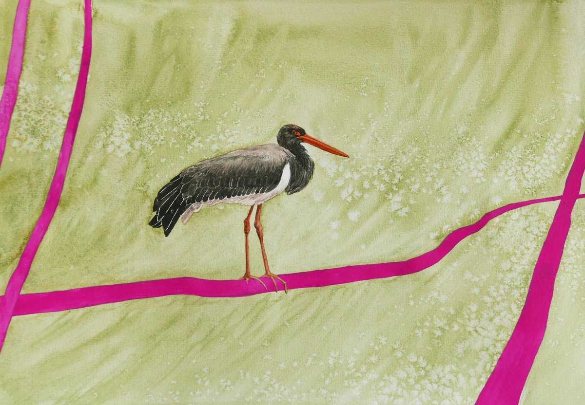 Black stork with pink trees by Karina Danylchuk