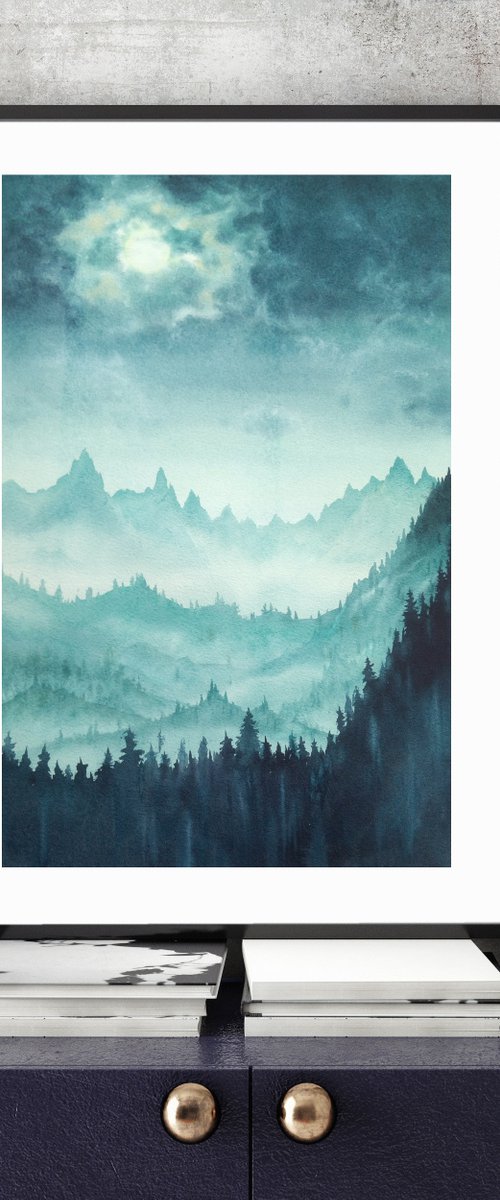 Full Moon Night - Cerulean Moo by Olga Beliaeva Watercolour