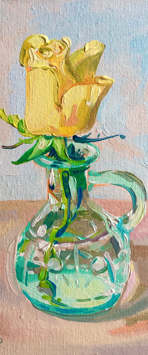 Yellow rose in a glass vase on a light background. by Ole Karako