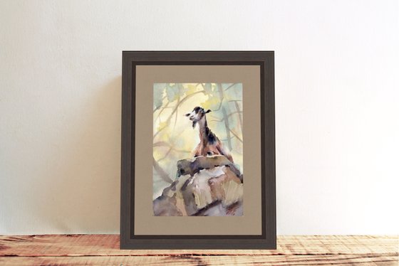 Wild goat in the Avakas gorge Watercolor nature of Cyprus