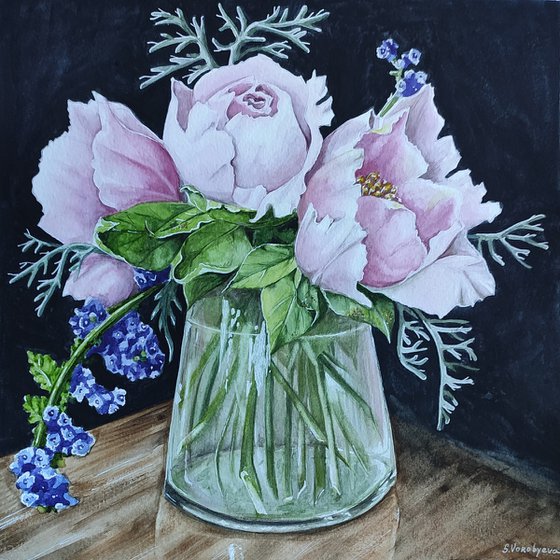 Peonies in glass vase. Watercolor painting by Svetlana Vorobyeva