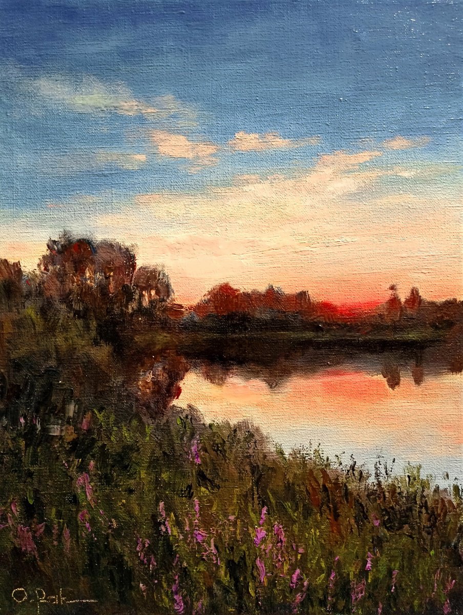 Impressionistic Landscape Oil Painting By Oleh Rak, 12 X 16", Evening By The Lake, Original Artwork