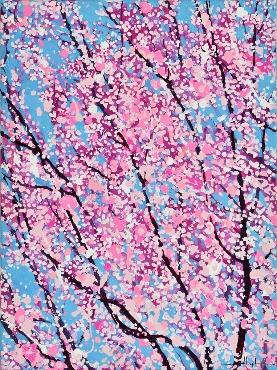 Urban And Pop Botanical Acrylic Painting By Alex Nizovsky, 18 X 24, Cherry Blossom #3, Original Artwork