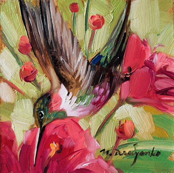 Hummingbird art framed mini oil painting original 4x4, Green red bird and flower lover gift, Housewarming Host gift thank you