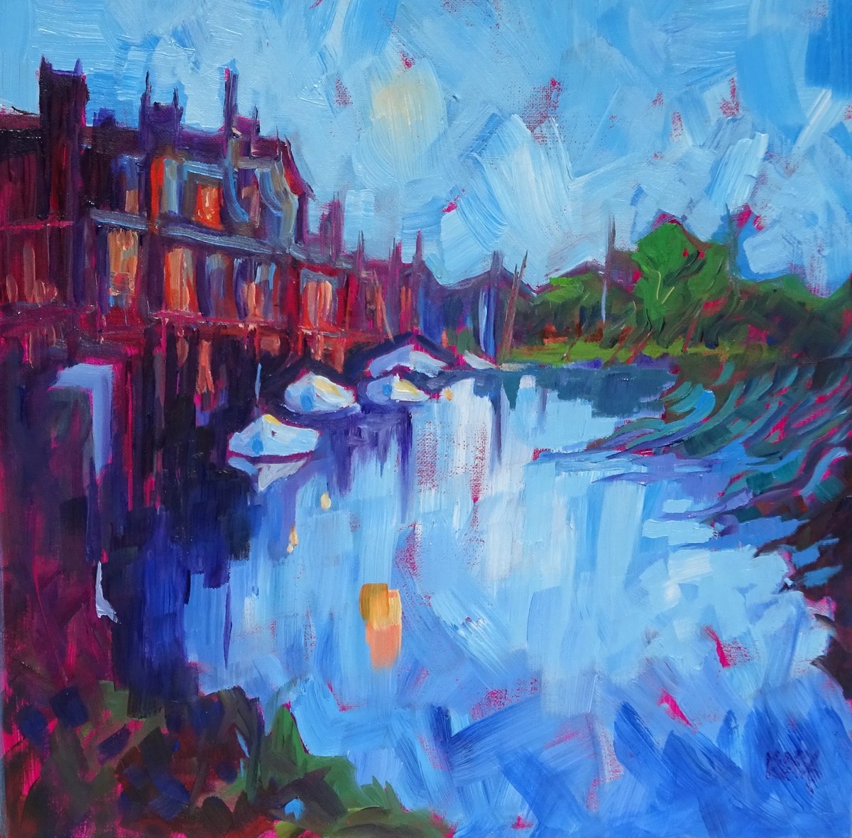 Impressionistic Landscape Oil Painting By Mary Kemp, 12 X 12", Golden Moonlight Reflections, Original Artwork