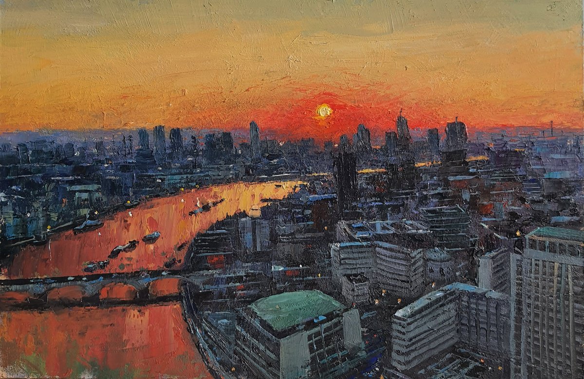 Impressionistic Cityscapes Oil Painting By Roberto Ponte, 20 X 14", View Of London At Sunset, Original Artwork