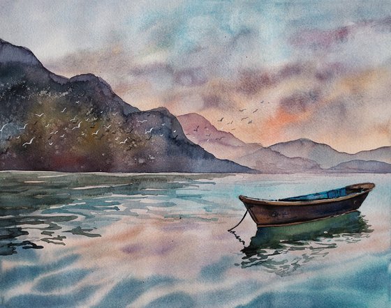 Sunset on Phewa lake - original watercolor landscape from Nepal-trip