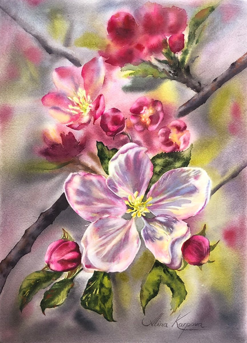Impressionistic Botanical Watercolour By Alina Karpova, 10 X 14, Apple Blossom, Original Artwork