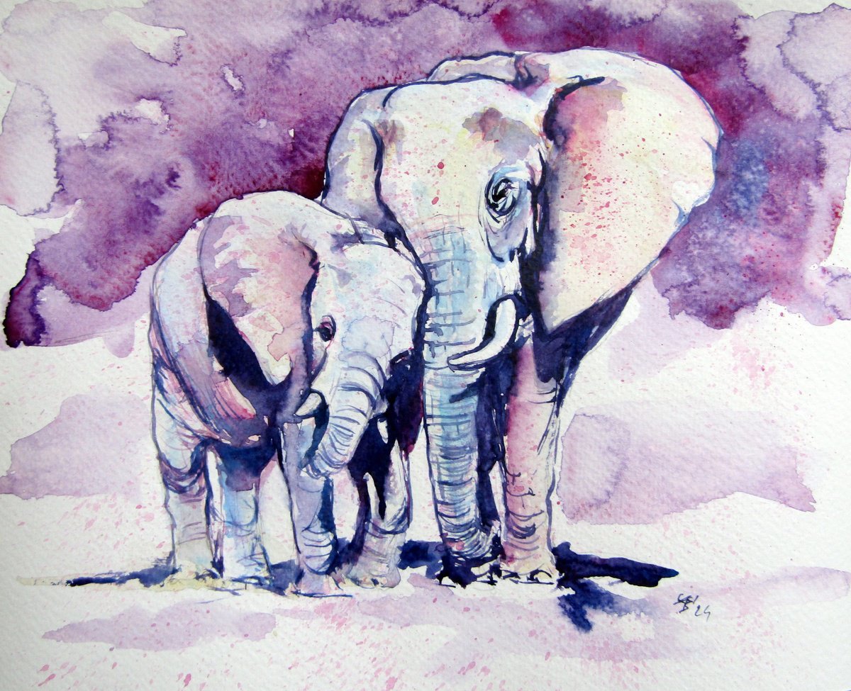 Impressionistic Animal Watercolour By Kovacs Anna Brigitta, 10 X 8", Elephant With Baby, Original Artwork
