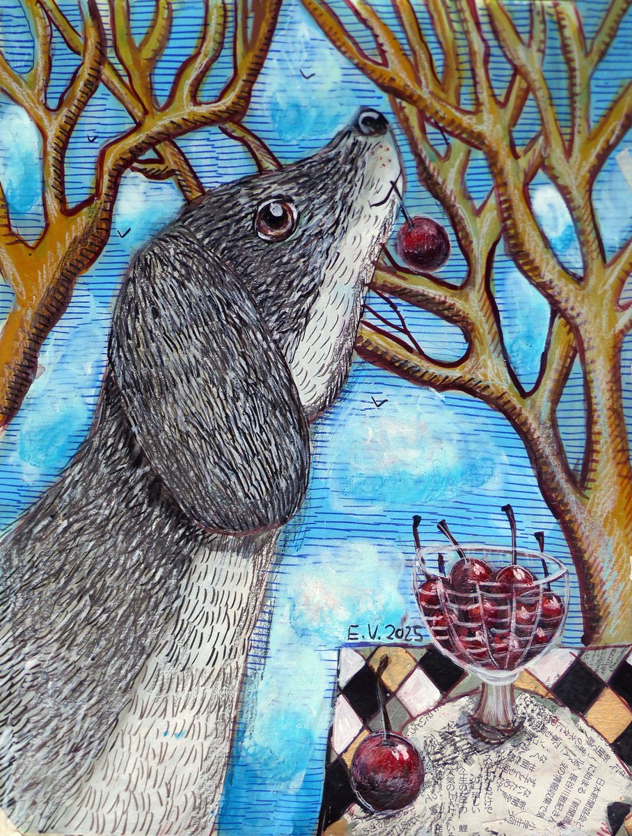 Naive Animal Painting By Elizabeth Vlasova, 11 X 14, Cherry Moment, Original Artwork