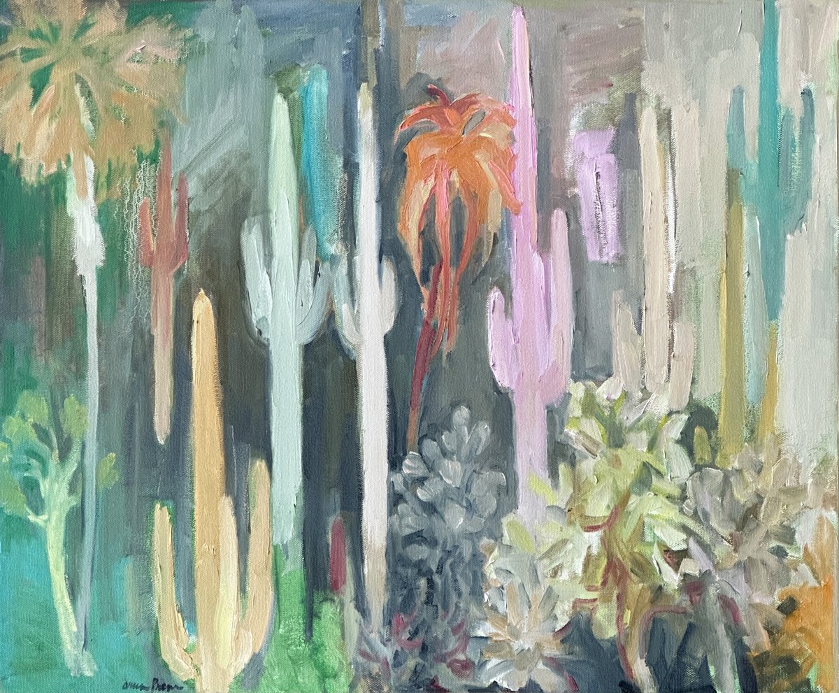 Expressive Abstract Oil Painting By Arun Prem, 24 X 20, The Cactus Jungle, Original Artwork