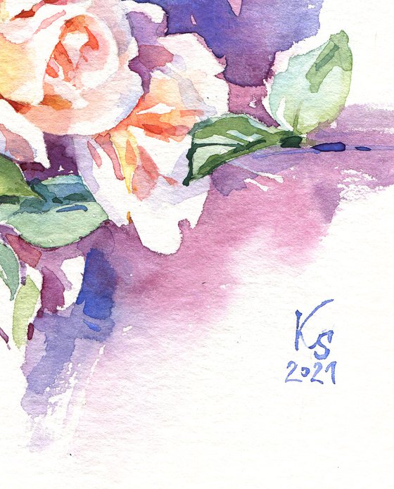 "Purple garden twilight. Orange roses and intertwining branches"  original watercolor