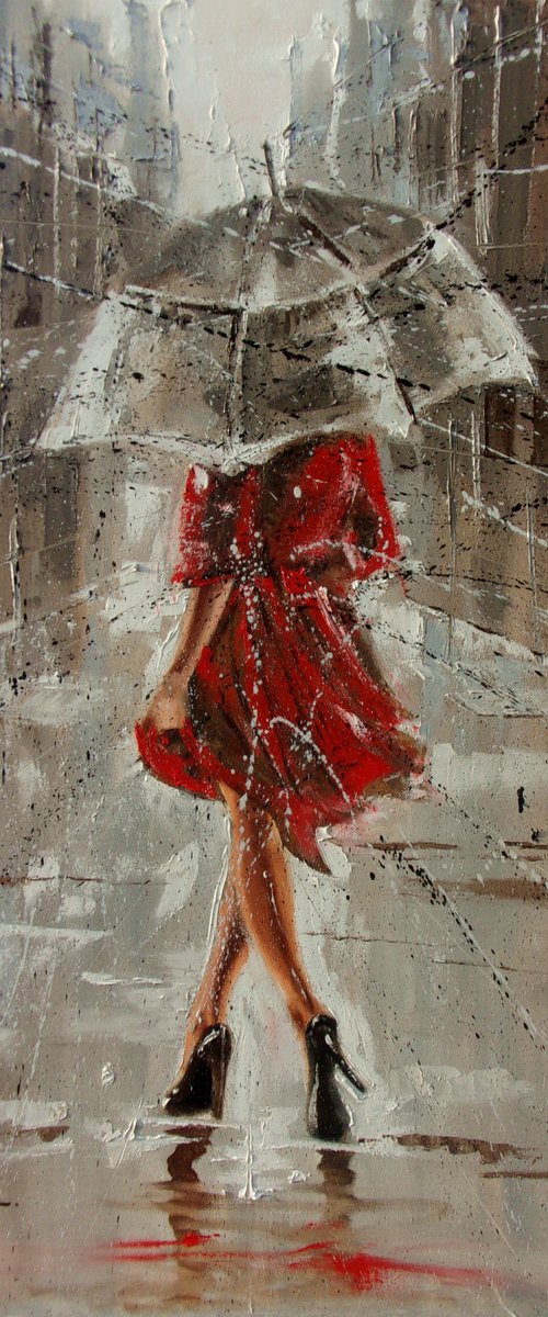 " AUTUMN WALK "   street spring summer original painting CITY palette knife GIFT by Monika Luniak