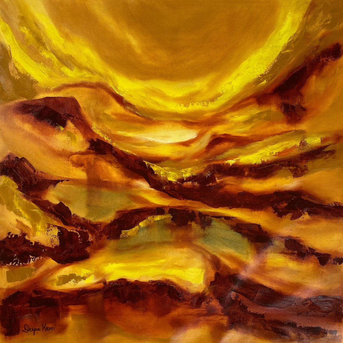 Expressive Abstract Oil Painting By Deepa Kern, 32 X 31, Landscape In Light, Original Artwork