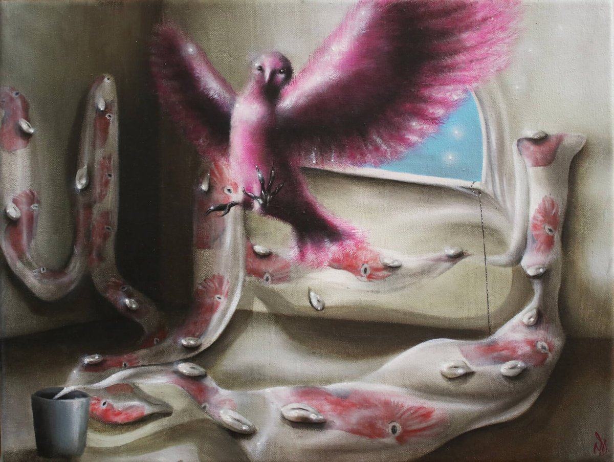 Surrealistic Animal Oil Painting By Vanessa T Stefanova, 16 X 12", My Bird Shits All Over Naomi