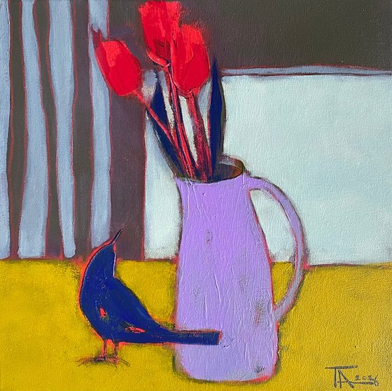 Thrush and tulips.