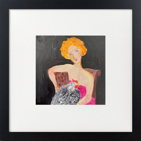 Woman red hair chicken framed