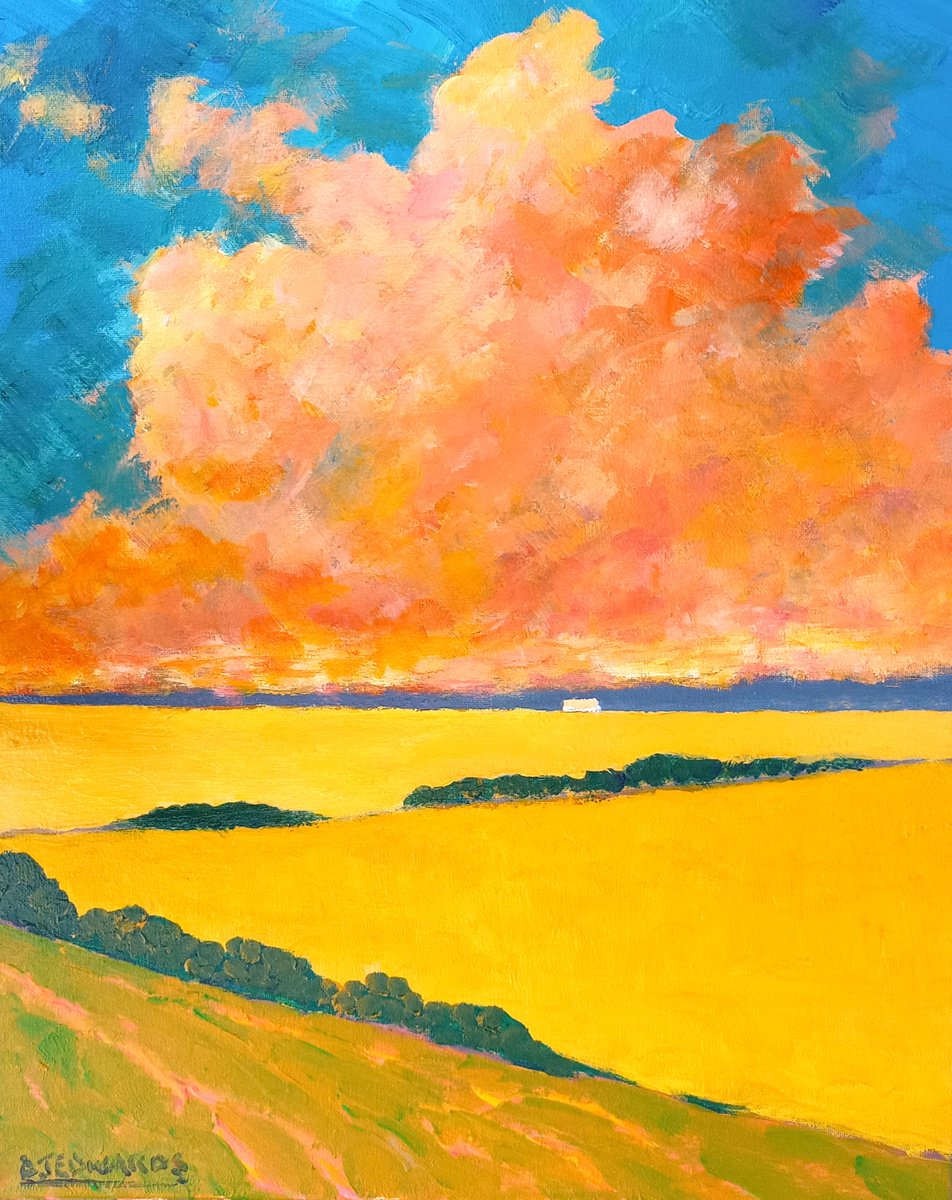 Impressionistic Landscape Acrylic Painting By David J Edwards, 16 X 20, Summer Storm, Yellow Fields, Original Artwork