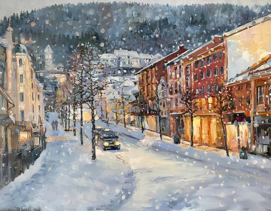 Snowy evening in Bergen