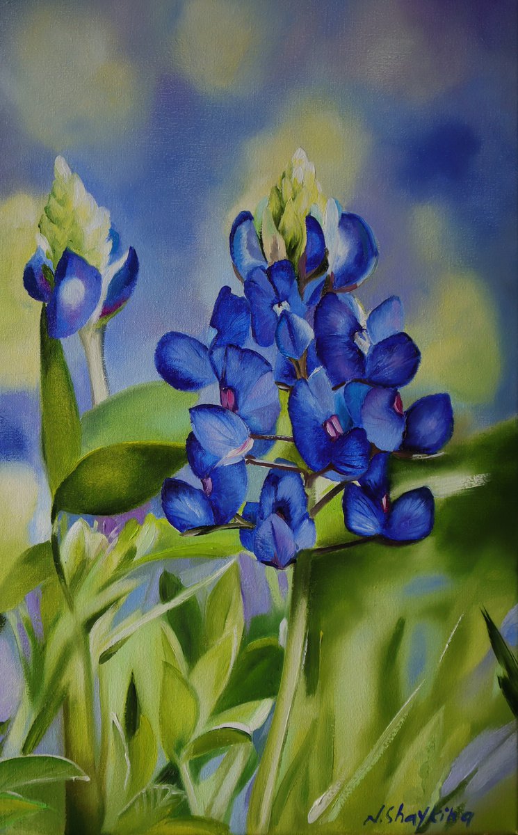 Impressionistic Botanical Oil Painting By Natalia Shaykina, 10 X 16", The Texas Bluebonnets, Original Artwork