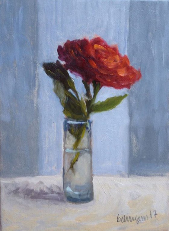 Red Rose Flower in Little Shotglass Still Life Oil Painting