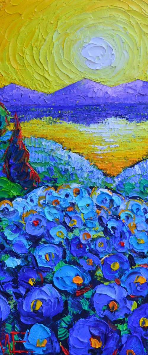 Blue Poppies Sunrise Abstract Hills Landscape textural impressionist impasto palette knife oil painting by Ana Maria Edulescu by ANA MARIA EDULESCU