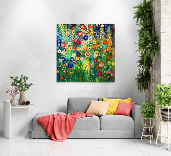 Klimt's garden. Colorful abstract floral painting with vivid flowers