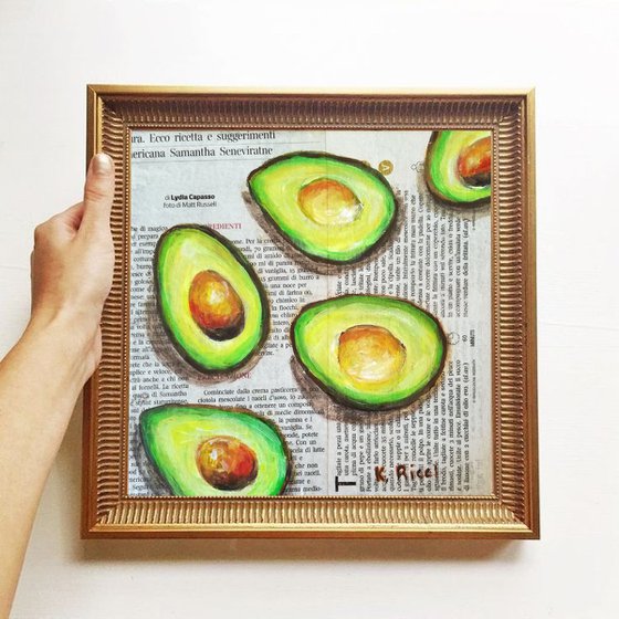 "Avocadoes on Newspaper" Original Acrylic on Canvas Board Painting 8 by 8 inches (20x20 cm)