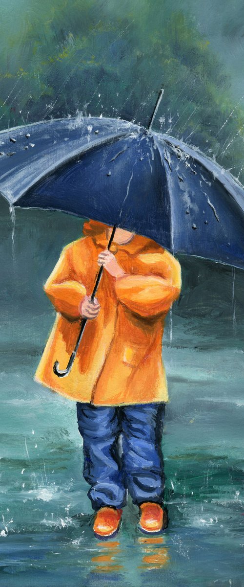 Child with umbrella on a rainy day by Lucia Verdejo