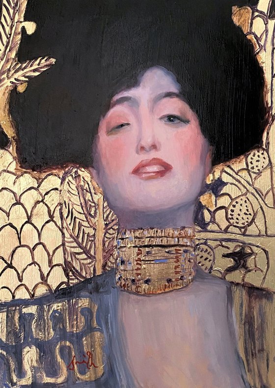 Original Symbolist oil painting Klimt Judith portrait with gold leaf.