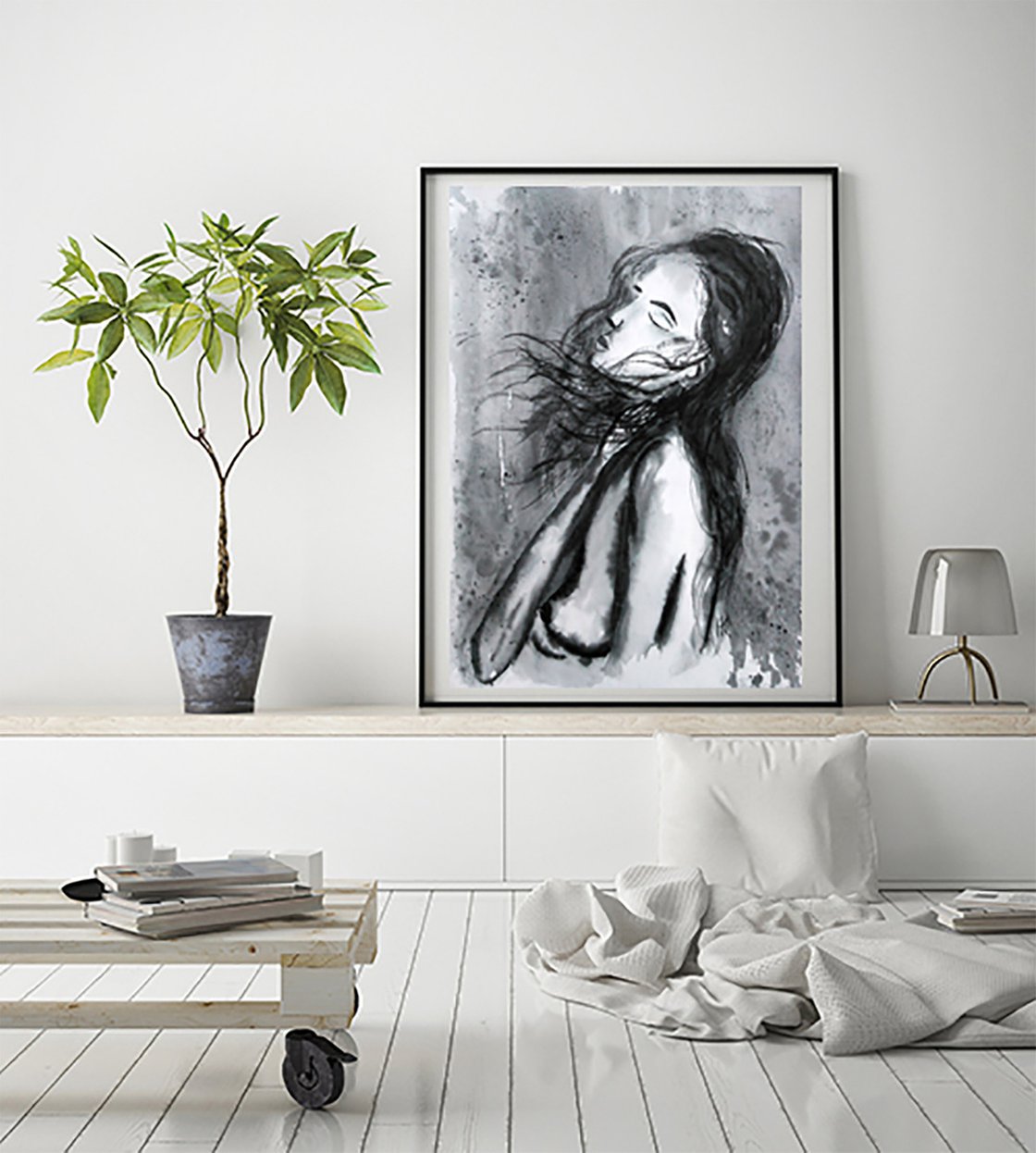 Woman Painting Portrait Original Art Nude Watercolor Female Breast