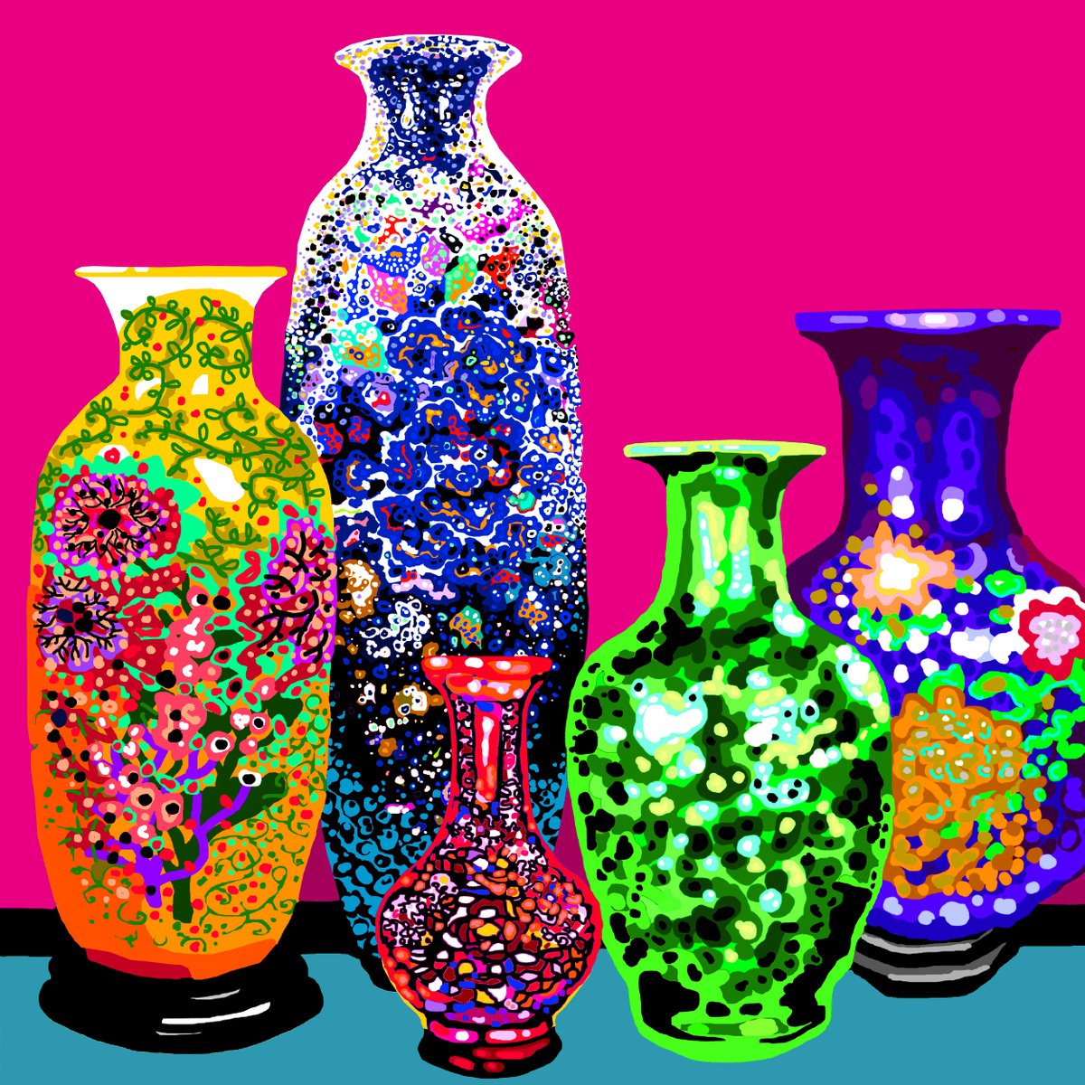 Five chinese vases/ Cinco jarrones chinos (pop art, flowers) by Alejos - Pop Art landscapes