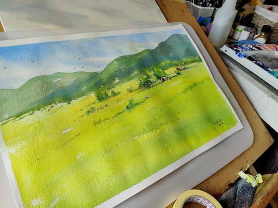 Green European landscape, Slovenia Kranjska gora Original watercolor painting (2023)