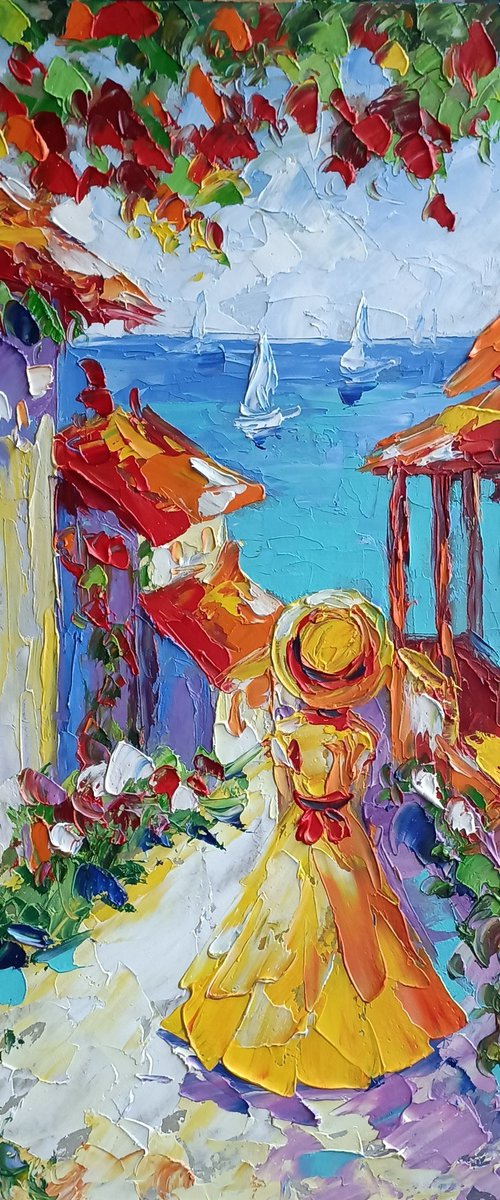 Trip - landscape, road, oil painting, love, woman, outdoors, street, sail, boat, sea, Greece, flowers, sea and beach, sea and sky, girl, seascape by Anastasia Kozorez