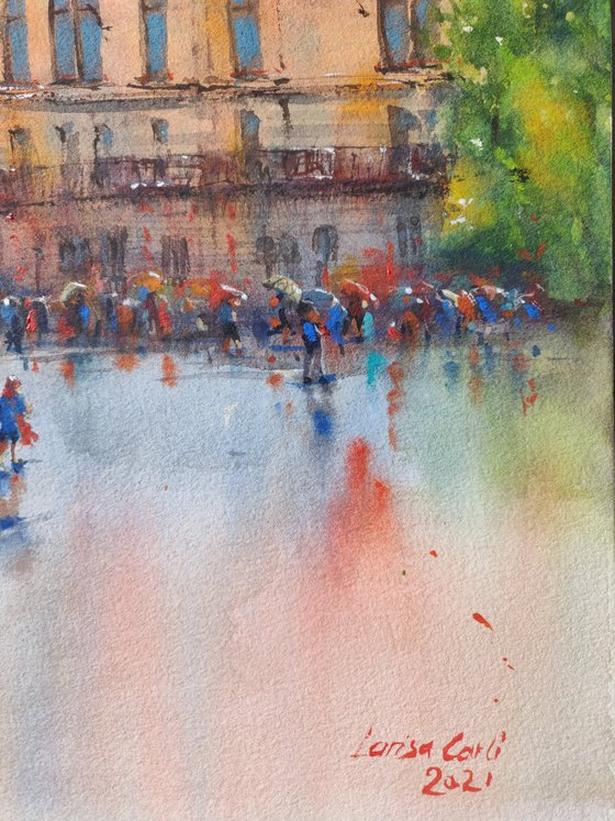 Ljubljana after rain | Original watercolor painting (2018) Hand-painted Art Small Artist | Mediterranean Europe Impressionistic